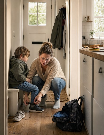 Moeder helpt haar kind met schoenen aantrekken in de gang