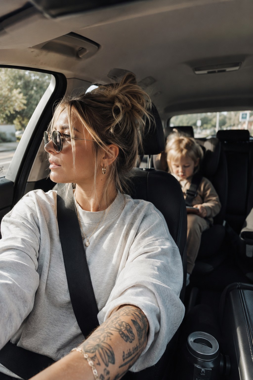 Moeder in de auto, even stil na een drukke ochtend